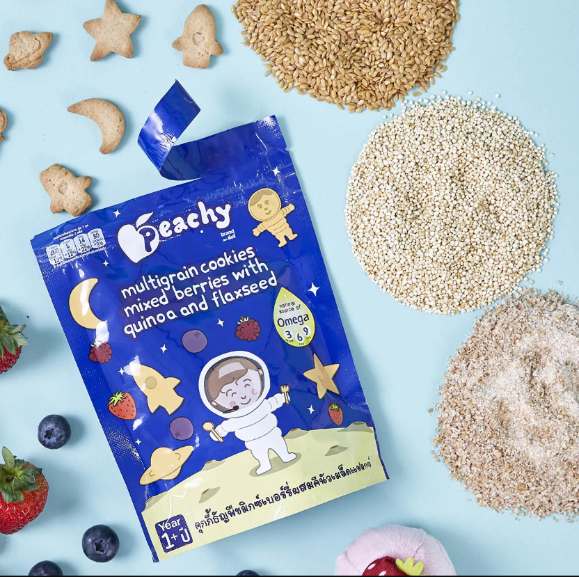 Peachy อาหารว่าง พัฟฟ์ธัญพืช คุกกี้ ผสมผักผลไม้ เหมาะสำหรับเด็กอายุ 1 ปีขึ้นไป
