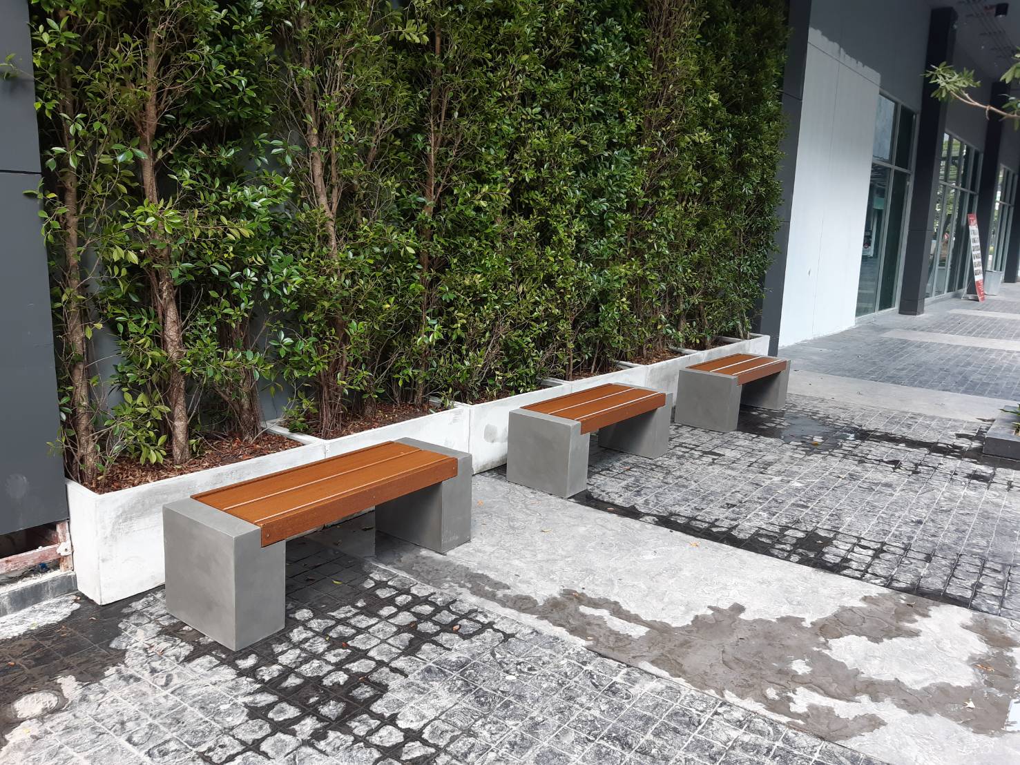 ม้านั่งสนาม รุ่นบล็อคระแนงเรียบ ไม้ไฟเบอร์ซีเมนต์ สีไม้สัก