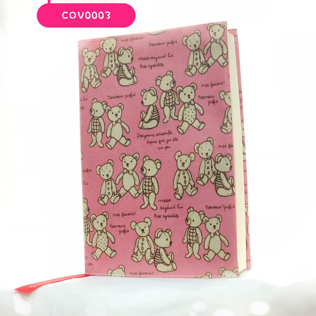 ปกผ้าเคลือบกันน้ำ พื้นชมพูอ่อน ลาย Teddy bear ขนาด 8