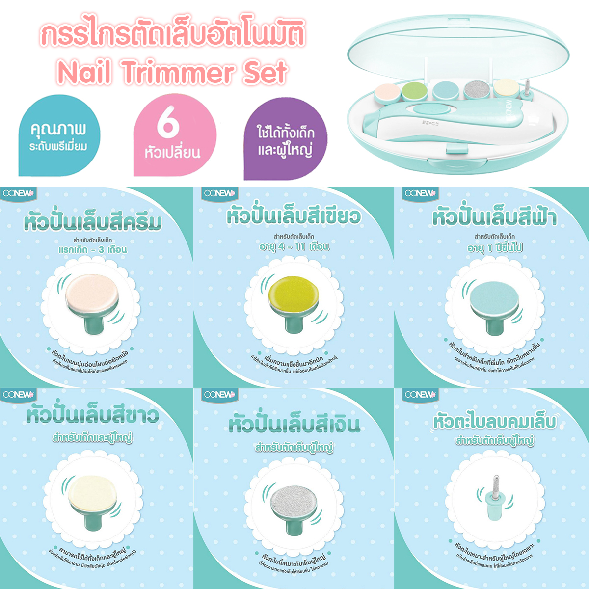 Oonew กรรไกรตัดเล็บเด็ก กรรไกรตัดเล็บอัตโนมัติ พร้อมหัวเปลี่ยน 6 หัว Nail Trimmer Set