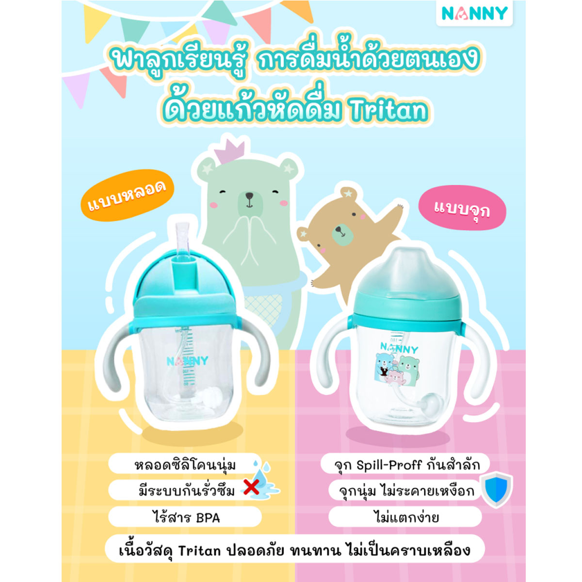 Nanny แก้วหัดดื่ม Tritan พร้อมหลอดถ่วงน้ำหนัก BPA FREE