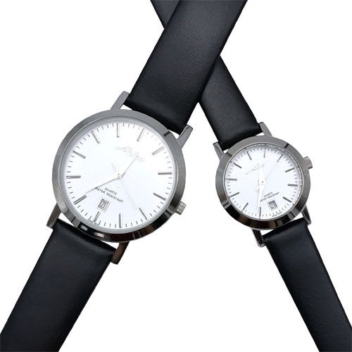 Metro นาฬิกาคู่ สายหนังสีดำ - หน้าปัดขาว รุ่น 20125M-W, 20125L-W