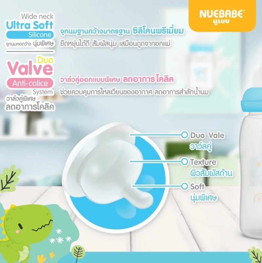 Nuebabe ขวดนมไทรทัน Tritan คอกว้างลายการ์ตูน อัลตร้าเคลียร์ ใสเหมือนแก้ว จุกนมซิลิโคนเกรดพรีเมี่ยม
