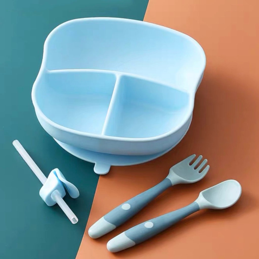 DODOLOVE ชามซิลิโคน ดูดโต๊ะ 3 ช่อง พร้อมช้อนซิลิโคนเด็ก ปรับงอได้ 360 องศาและหลอดดูด