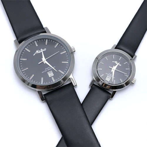 Metro นาฬิกาคู่ สายหนังสีดำ - หน้าปัดดำ รุ่น 20125M-BL, 20125L-BL