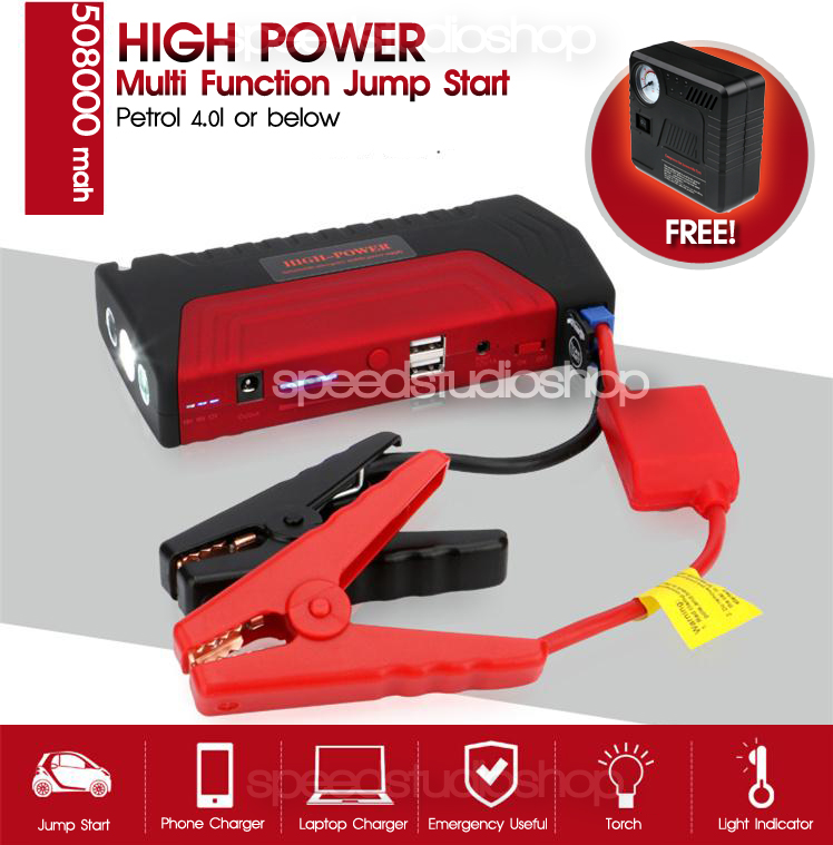 Jump start รถยนต์ อุปกรณ์ช่วยสตาร์ทฉุกเฉิน พร้อม ไฟฉาย ไฟฉุกเฉิน ชาร์จโทรศัพท์ ipad 50800mAh พร้อมปั๊มสูบลมไฟฟ้า มีคลิปสาธิตการใช้งาน