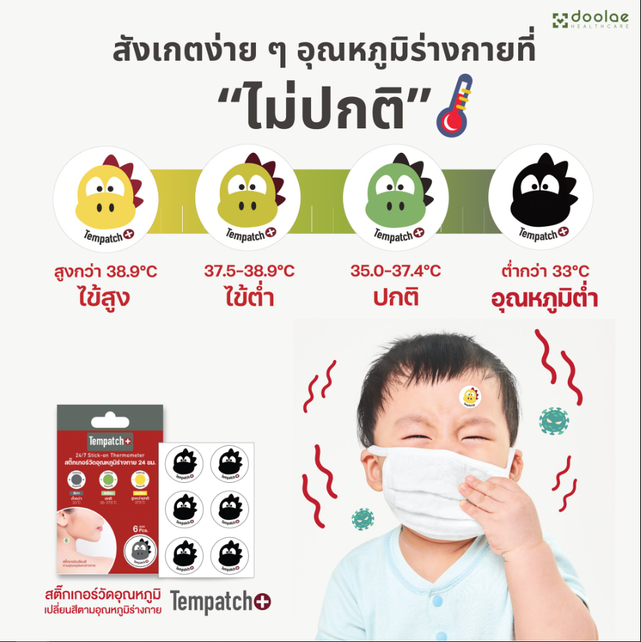 Tempatch+ สติ๊กเกอร์วัดไข้ วัดอุณหภูมิร่างกายแบบเรียลไทม์ 24 ชม. ไม่ต้องใช้ปรอทวัดไข้ ติดได้ เด็ก-ผู้ใหญ่
