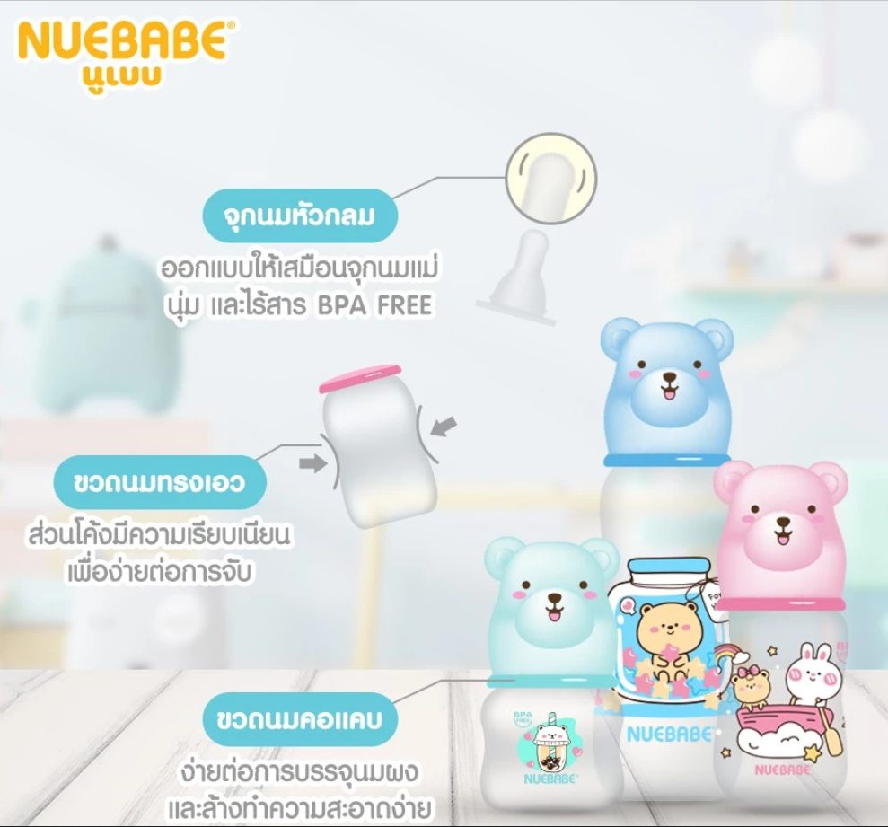 Nuebabe ขวดนม คอแคบ ทรงเอว ฝาครอบ รูปหมี สำหรับเด็ก