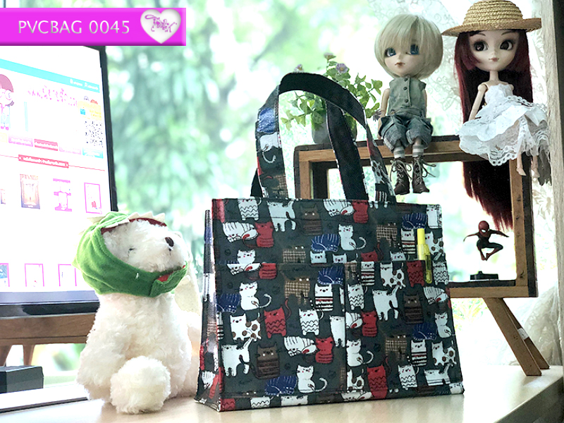 กระเป๋าผ้าเคลือบ PVC กันน้ำ ใส่เอกสาร (A5)เขียวขี้ม้า.แมวหน้าฟิน