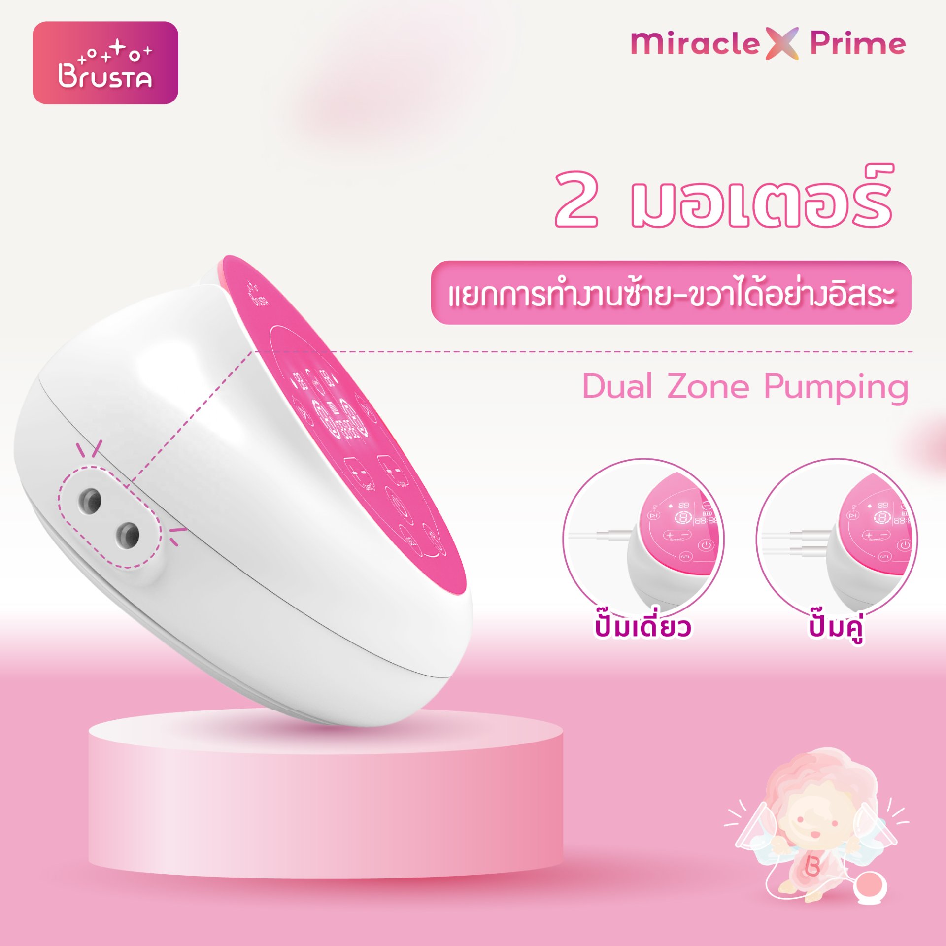 Brusta เครื่องปั๊มนมไฟฟ้า รุ่น Miracle X Prime อัจฉริยะ 2 มอเตอร์ พร้อมกรวยปั๊มนม