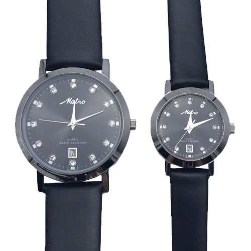 Metro นาฬิกาคู่ สายหนังดำ หน้าปัดดำ ประดับเพชร รุ่น 20125M-DBL, 20125L-DBL