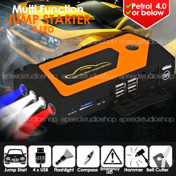 Jump start จั๊มสตาร์ทรถยนต์ อุปกรณ์ช่วยสตาร์ท ฉุกเฉิน พร้อม ไฟฉาย ไฟฉุกเฉิน แบตเตอรี่สำรอง USB 4 ช่อง ชาร์จโทรศัพท์ Power Bank