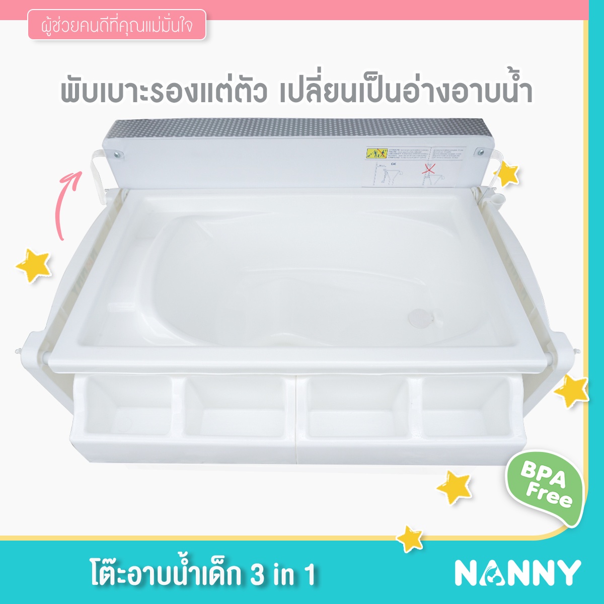 Nanny โต๊ะอาบน้ำเด็ก พร้อม เบาะเปลี่ยนผ้าอ้อม 3-in-1