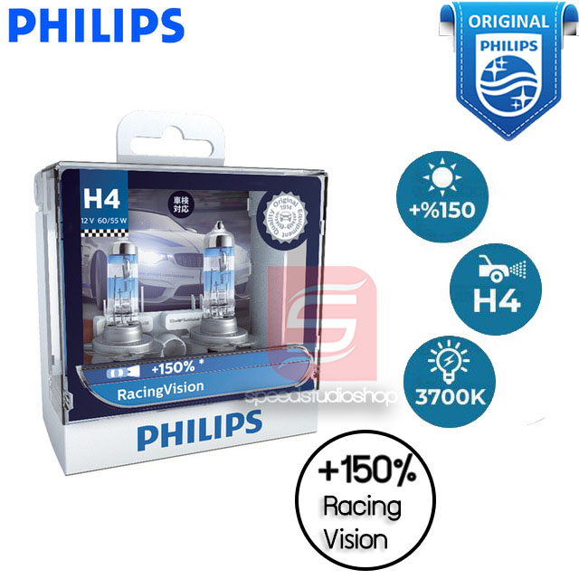 Philips หลอดไฟ รถยนต์ H4 รุ่น Racing Vision 60/55W ความสว่าง +150%