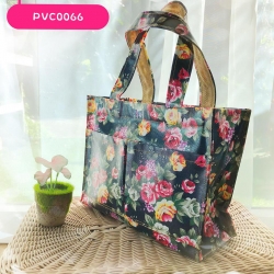 กระเป๋าผ้าเคลือบ พื้นกรม ช่อดอกกุหลาบ PVC กันน้ำ ใส่เอกสาร (A5)