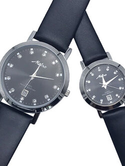 Metro นาฬิกาคู่ สายหนังดำ หน้าปัดดำ ประดับเพชร รุ่น 20125M-DBL, 20125L-DBL
